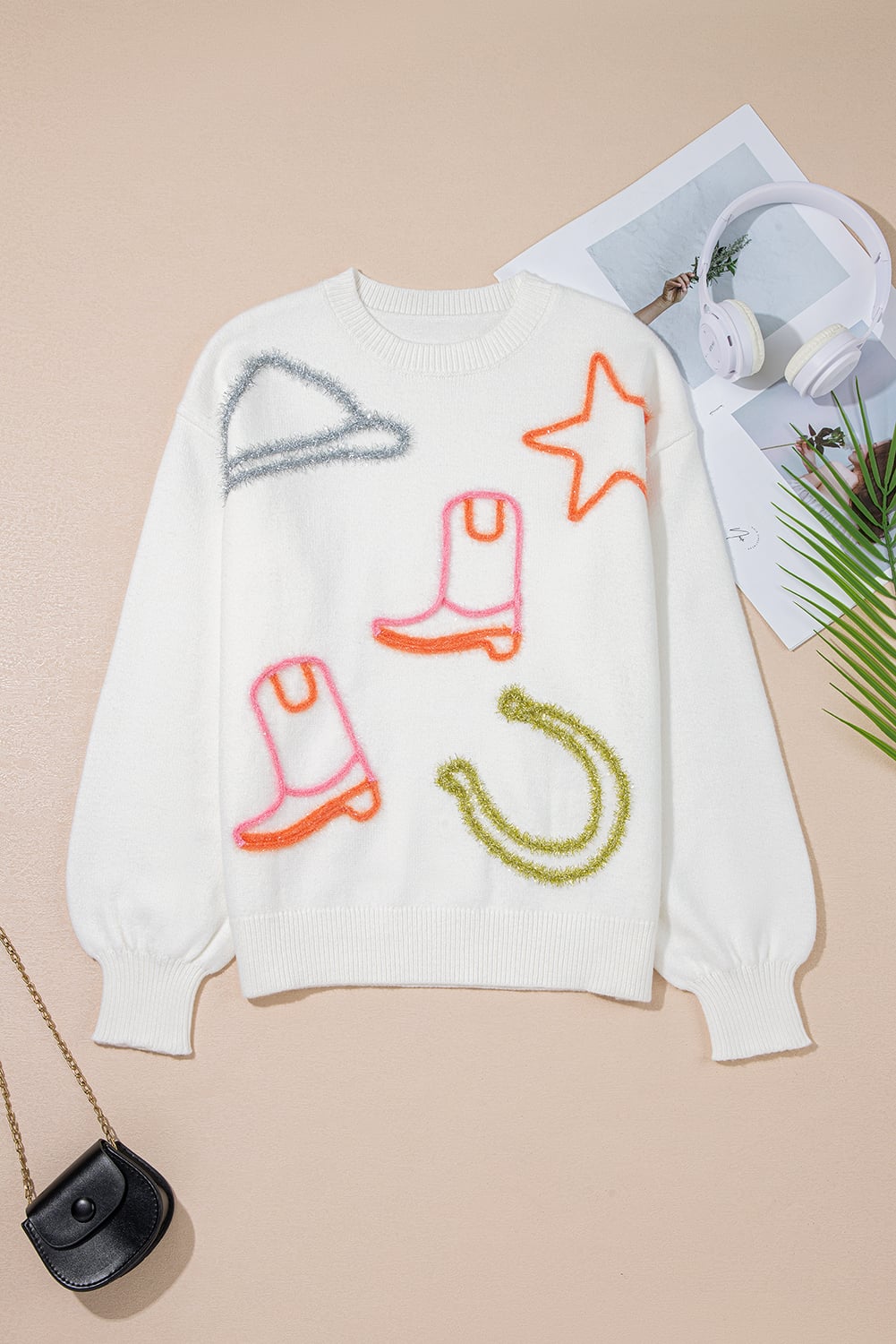 White Tinsel Western Boots Horseshoe Star Knit Crew Neck Sweater