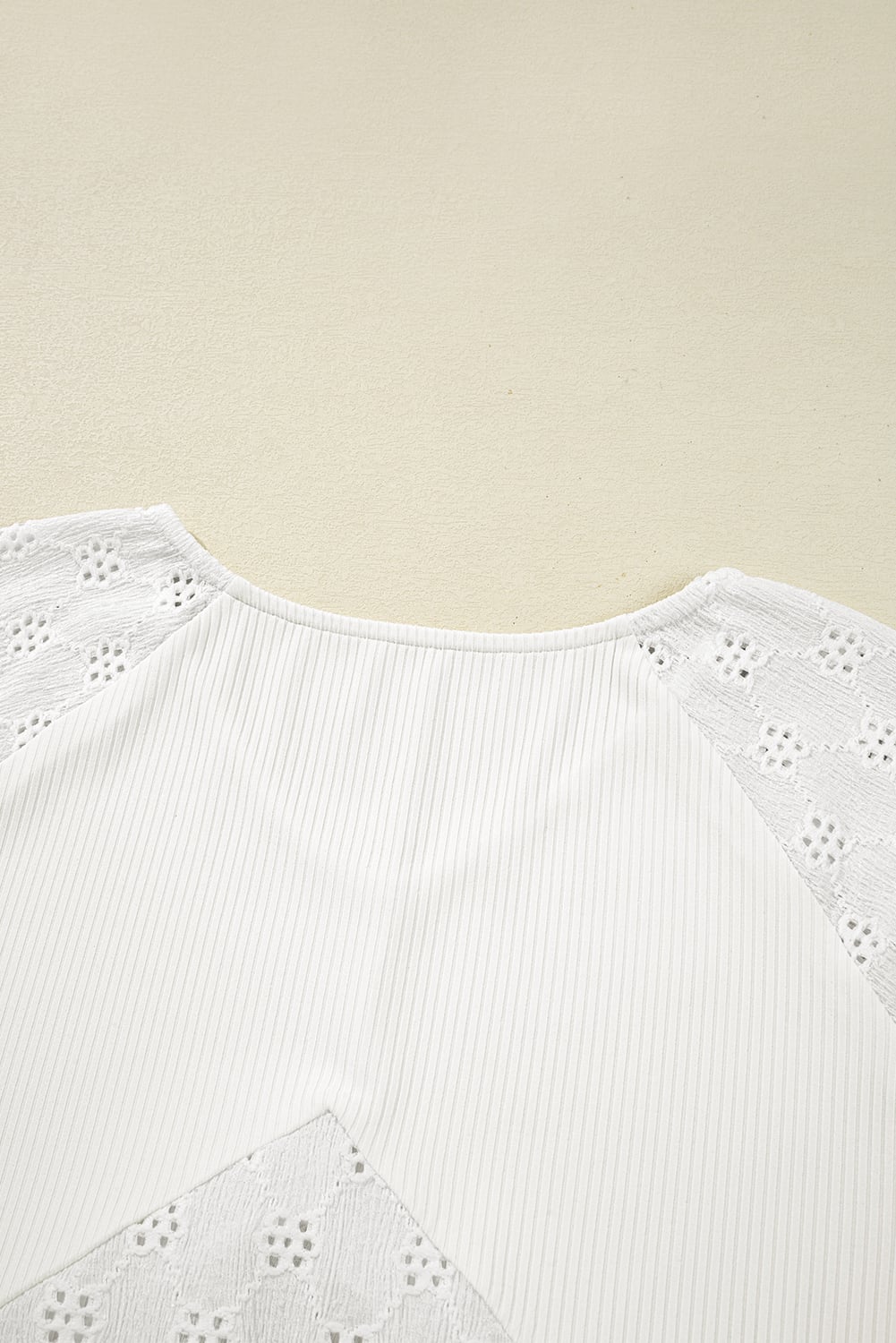White Twisted Rib Patchwork Embroidered Loose V Neck Long Sleeve Top