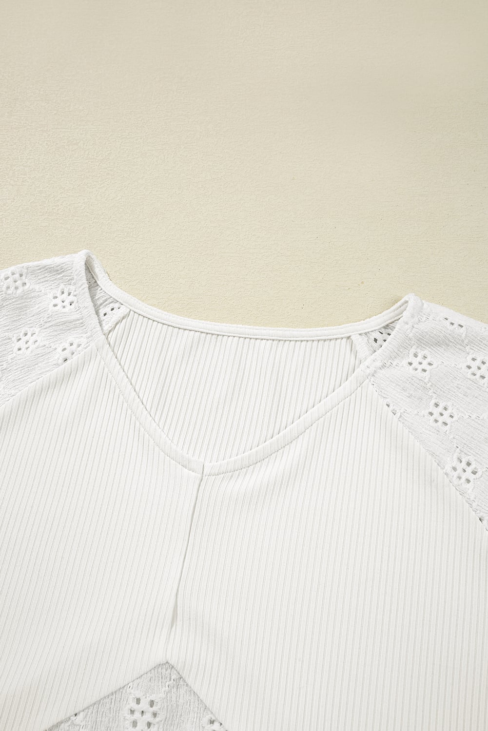 White Twisted Rib Patchwork Embroidered Loose V Neck Long Sleeve Top