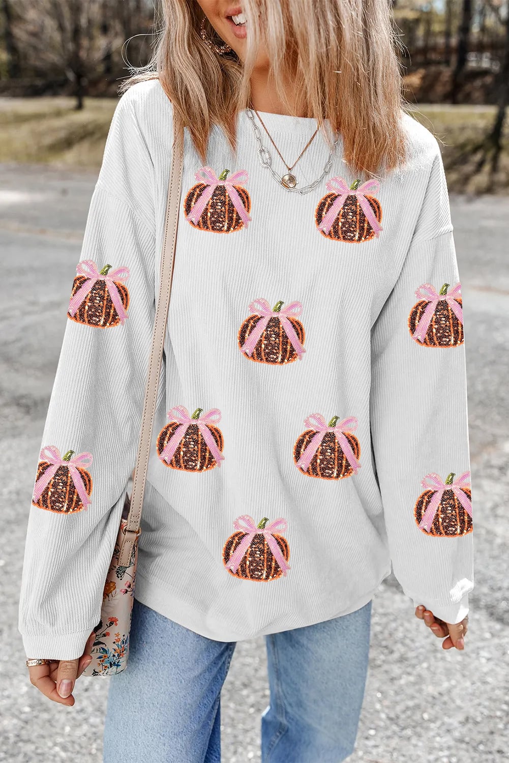 White Twisted Ribbed Sequin Bow Pumpkin Graphic Baggy Sweatshirt