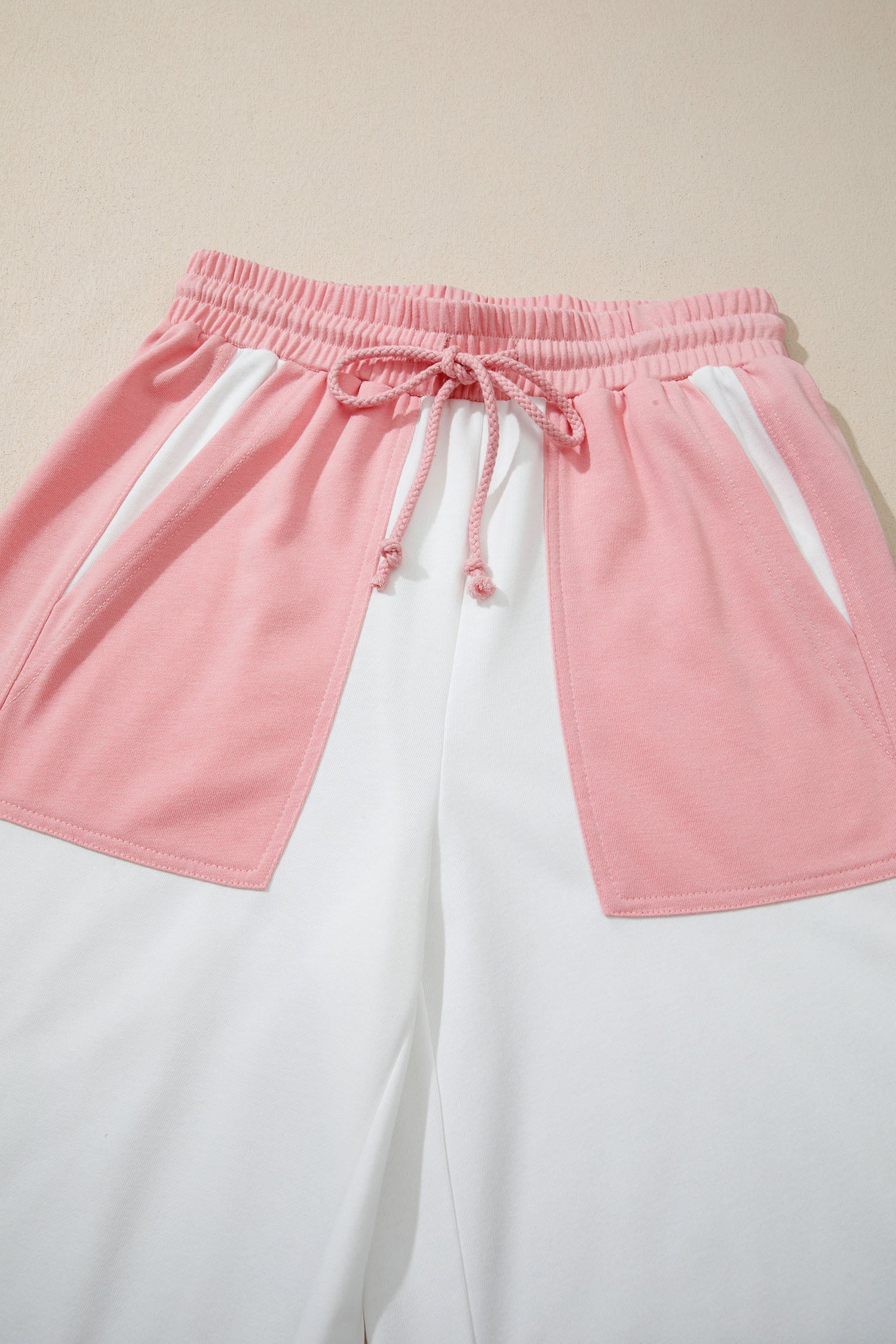 White Two-tone Color Block Patchwork Tee Drawstring Loose Pant Set