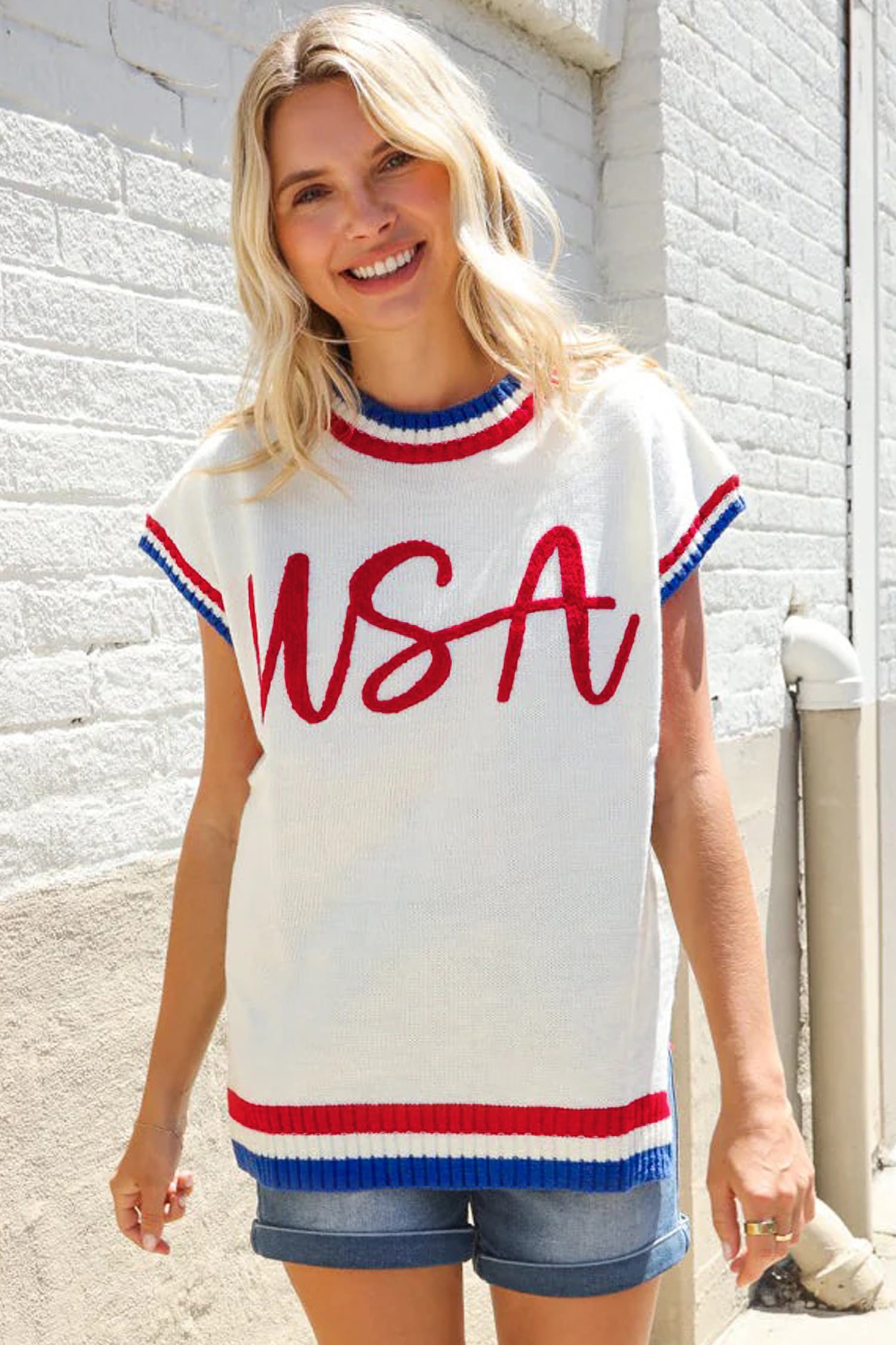 White USA Contrast Striped Trim Round Neck Short Sleeve Sweater