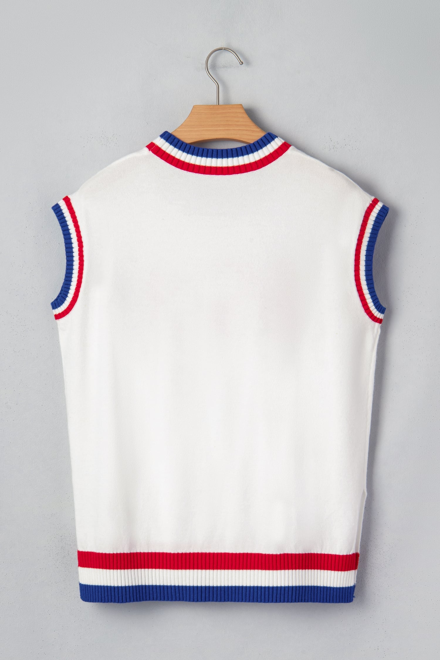 White USA Contrast Striped Trim Round Neck Short Sleeve Sweater