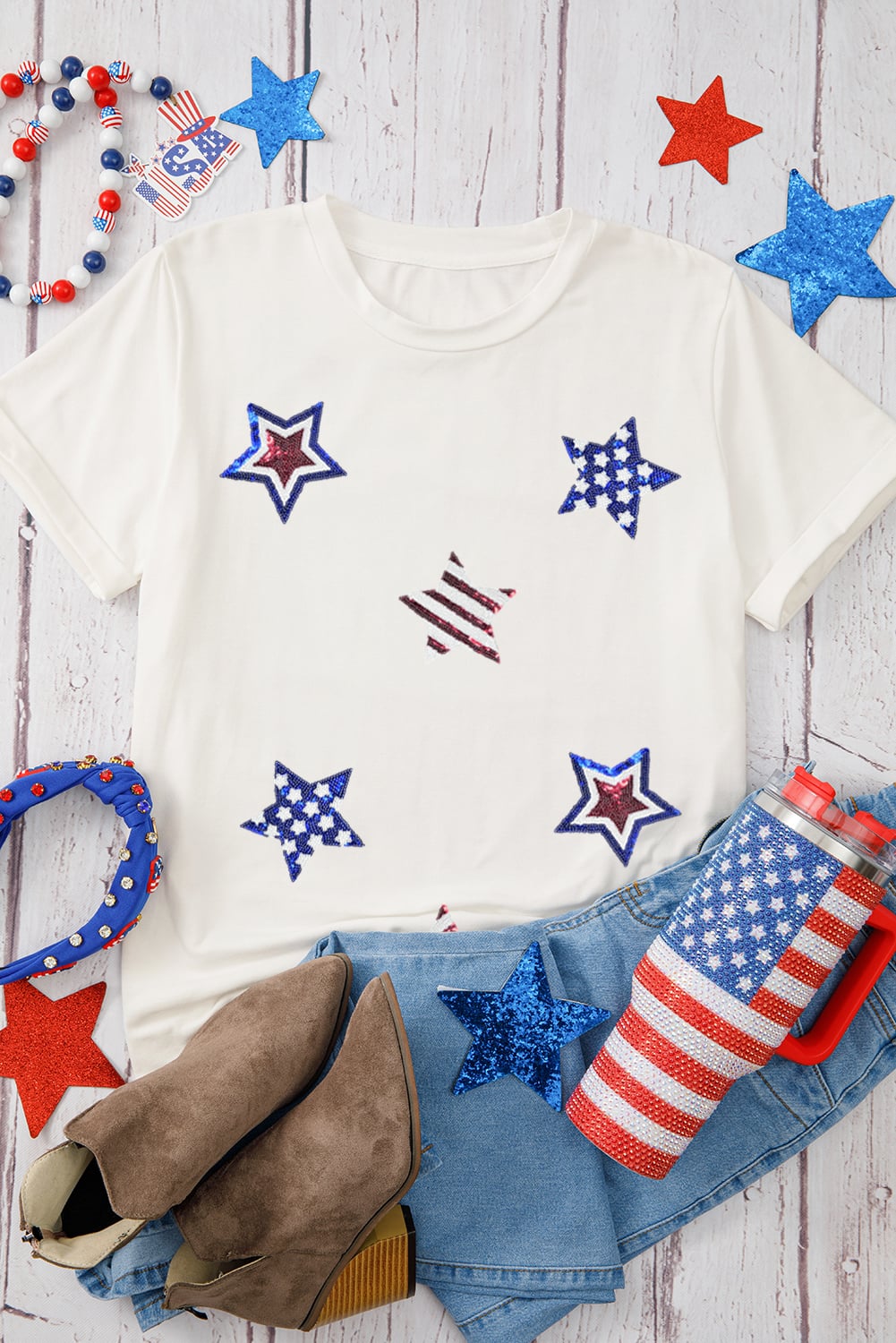 White USA Sequin Stars Patched Casual T Shirt