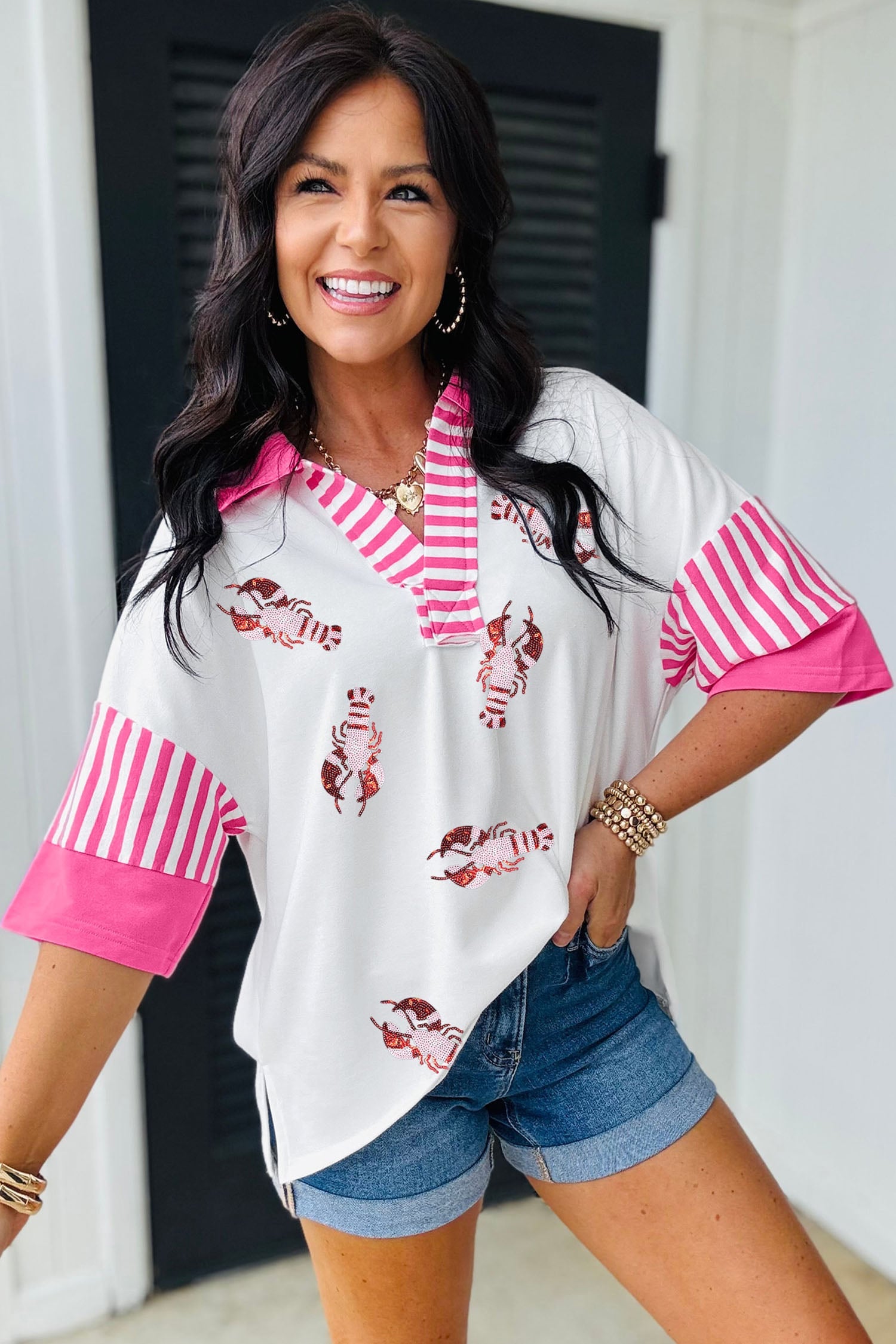 White Sequin Lobster Pattern Striped Trim V Neck Half Sleeve Polo T-Shirt
