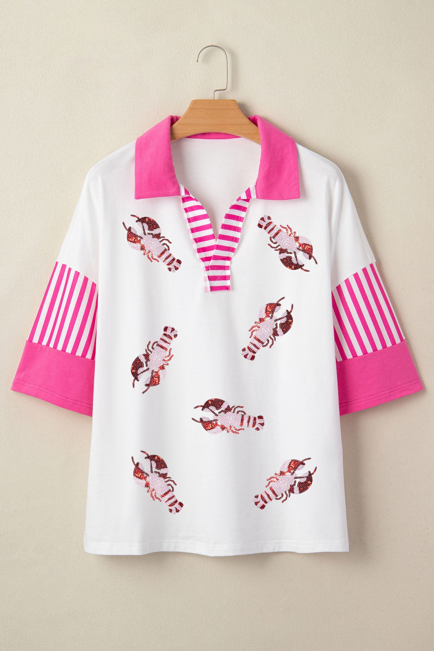 White Sequin Lobster Pattern Striped Trim V Neck Half Sleeve Polo T-Shirt