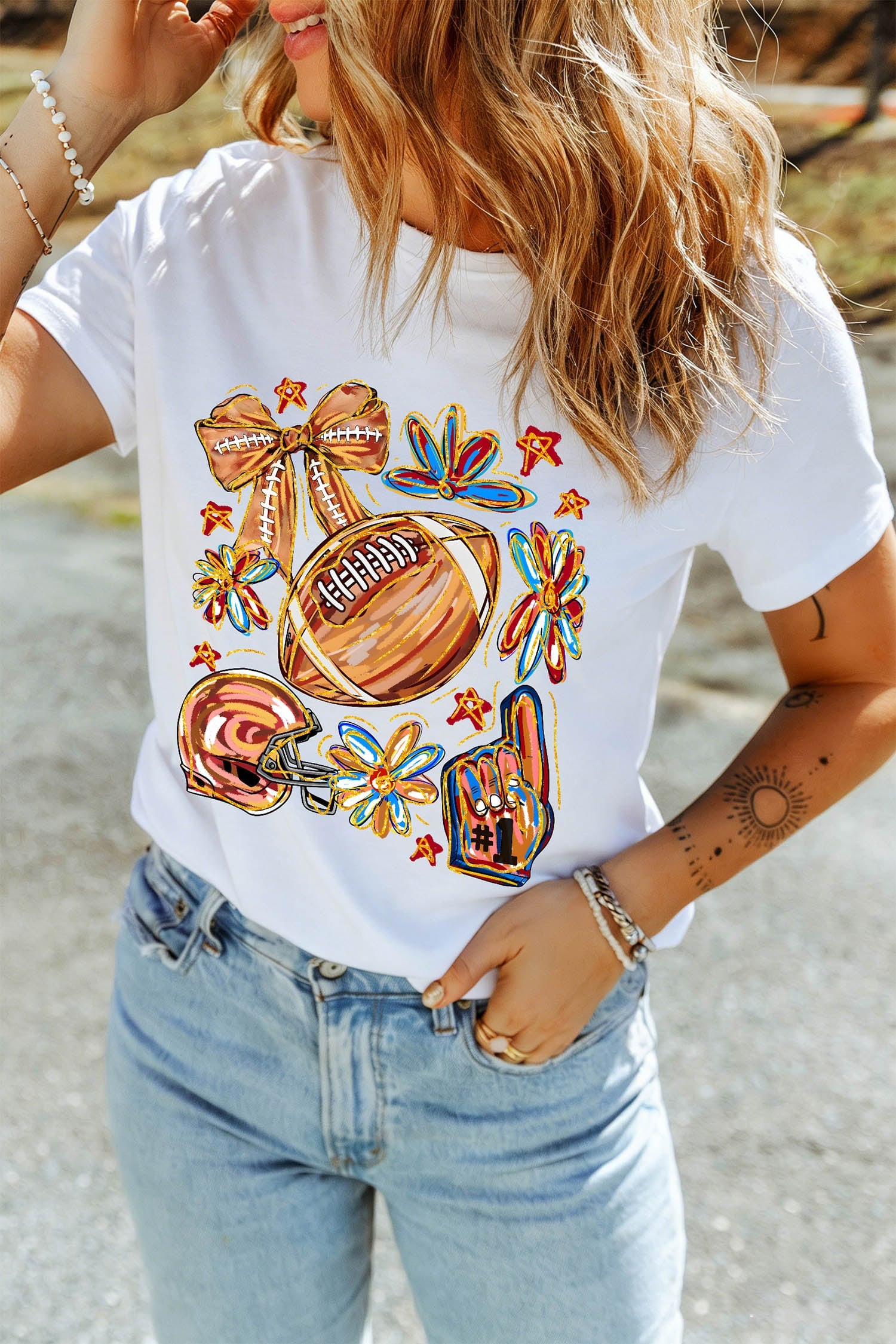 White Vibrant Football Graphic Game Day Cheerful T Shirt