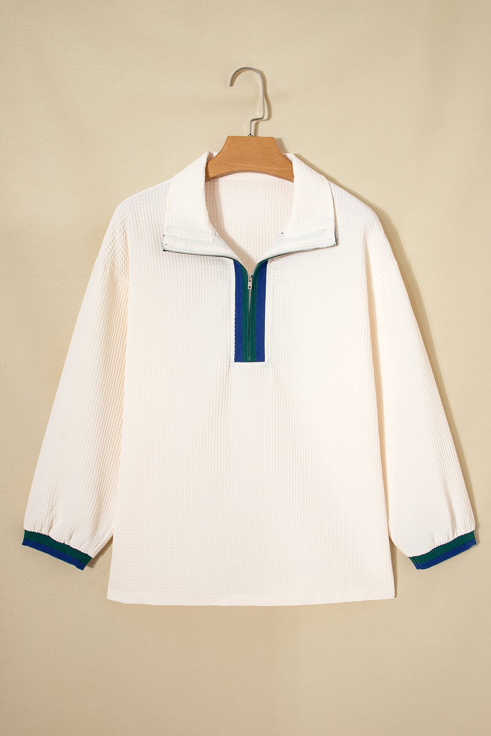 White Waffle Textured Contrast Polo Neck Zip up Jumper