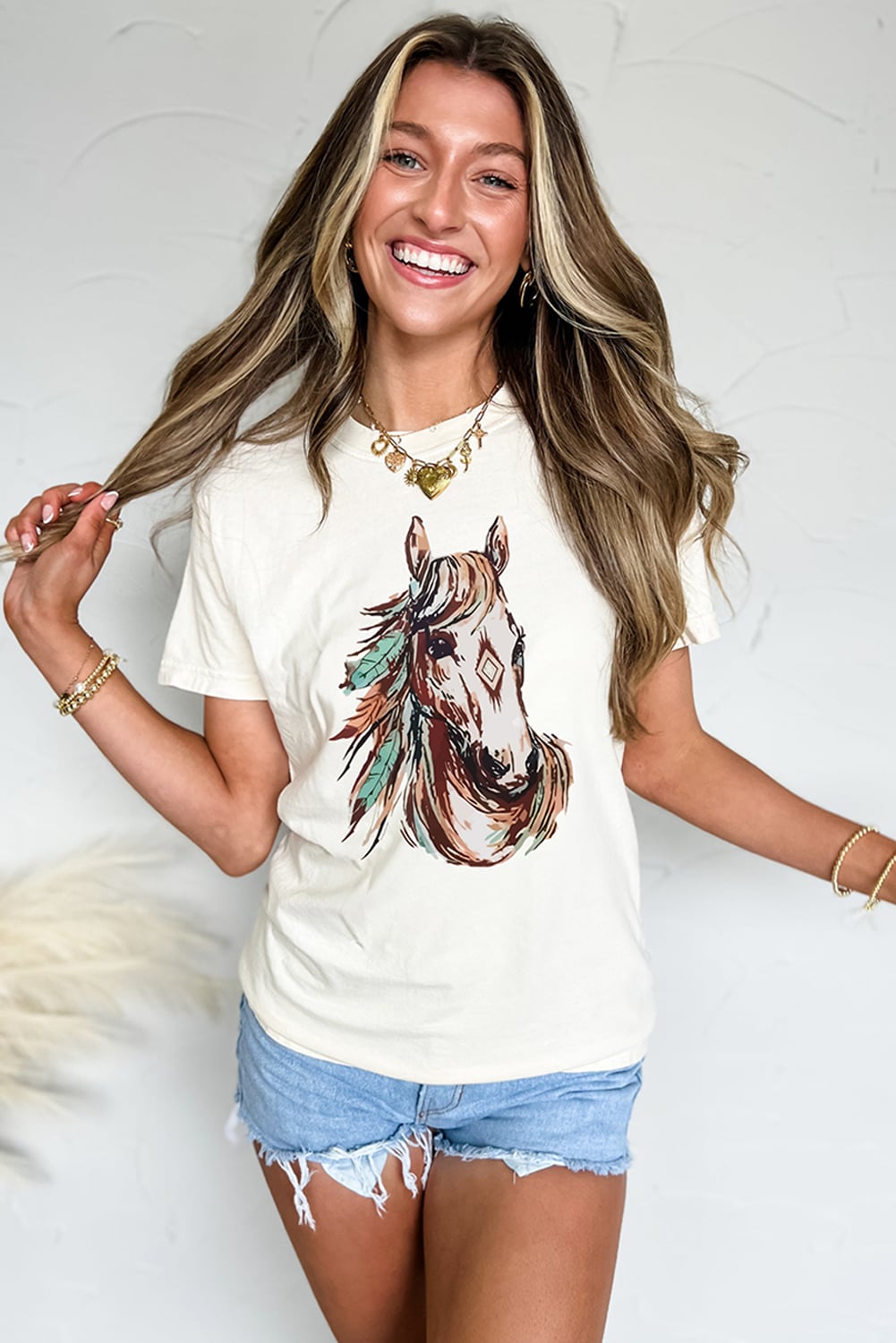 White Western Aztec Horse Graphic Crewneck Tee
