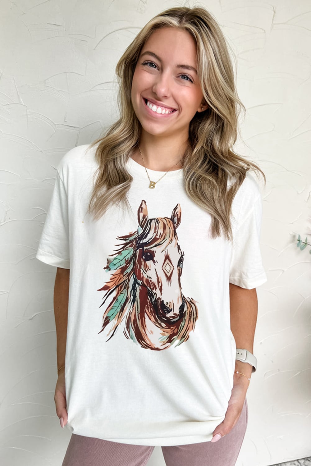 White Western Aztec Horse Graphic Crewneck Tee