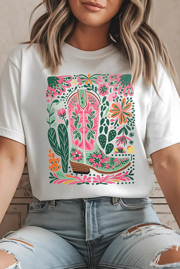 White Western Boot Flower Print Crew Neck Loose Tee