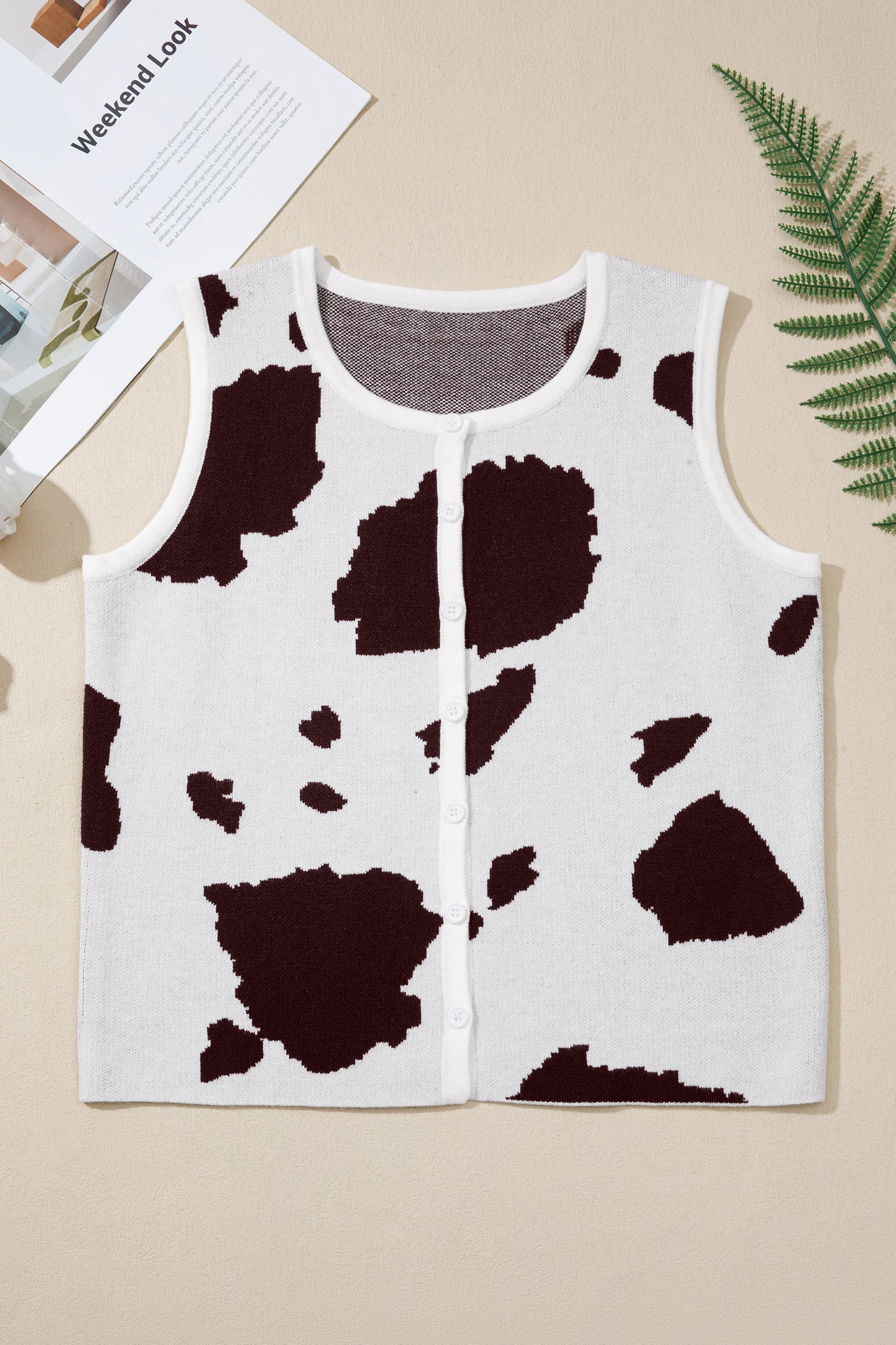 White Western Cow Spots Button Down Sweater Vest