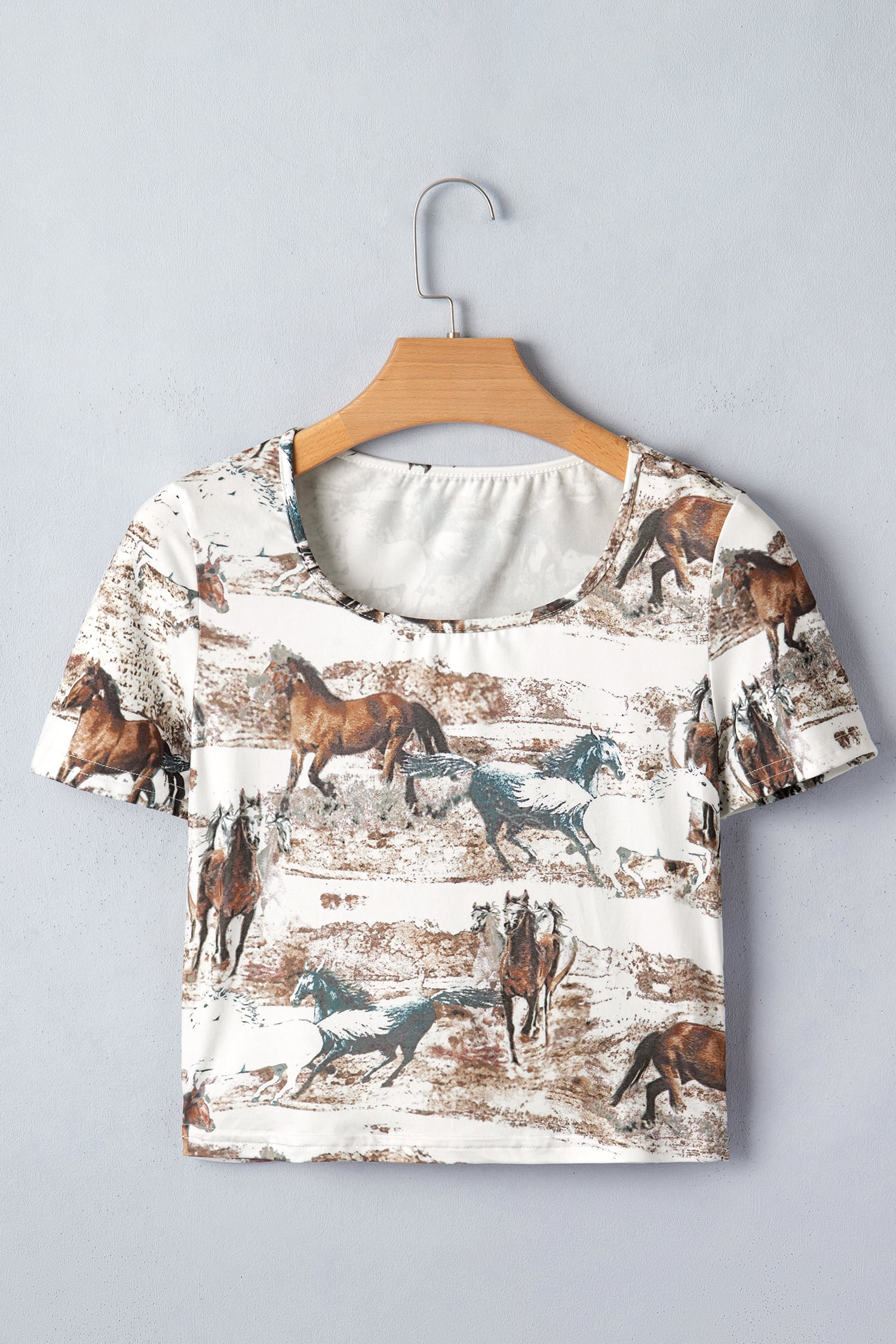 White Western Galloping Horses Printed Slim Fit T Shirt