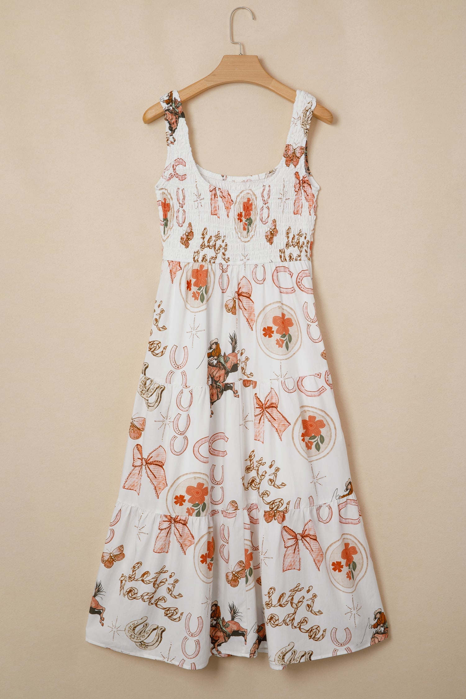 White Western Horseshoe Print U-Neck Sleeveless Midi Dress