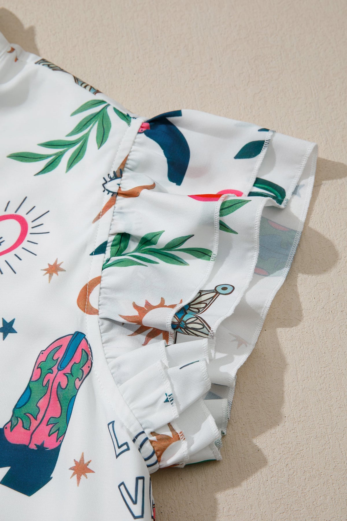 White Western Print Flutter Sleeve Button Down Mini Dress