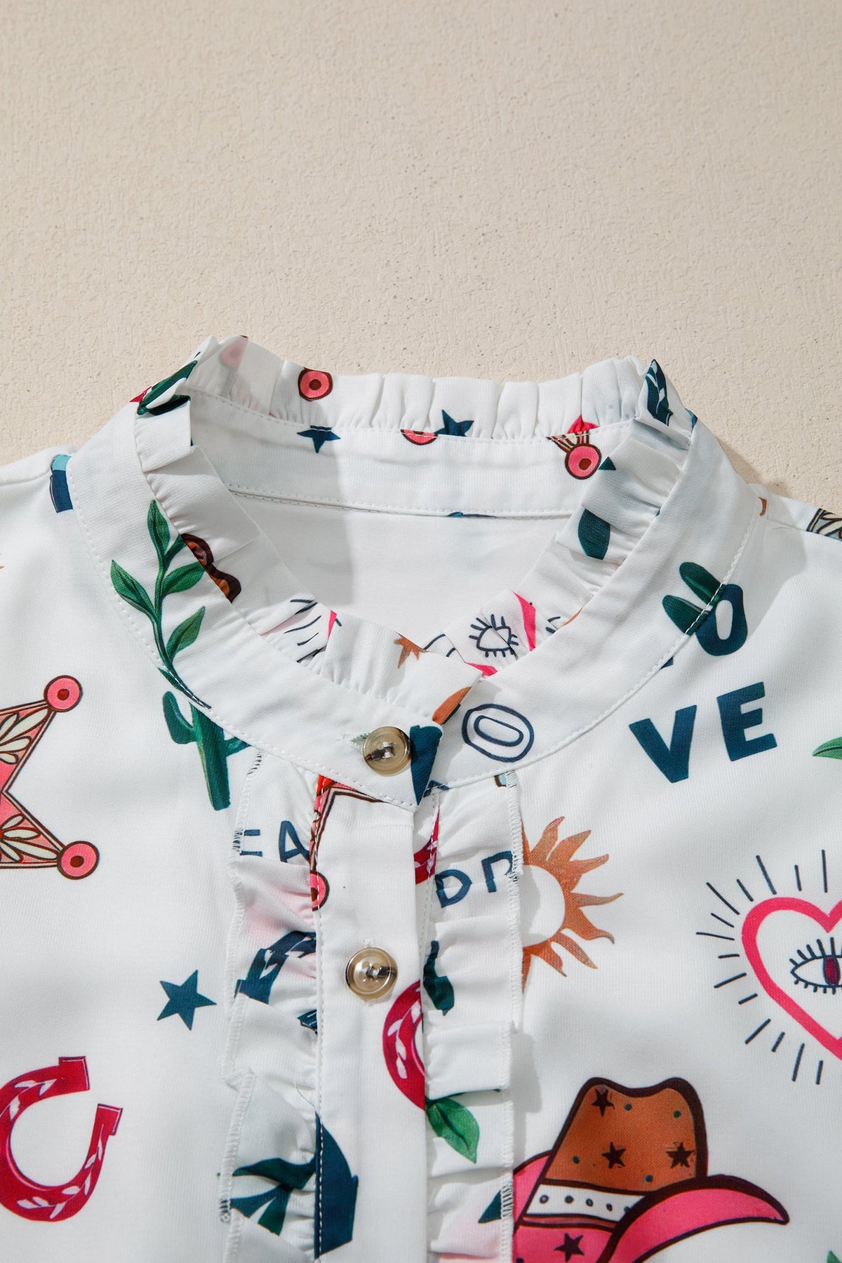 White Western Print Flutter Sleeve Button Down Mini Dress