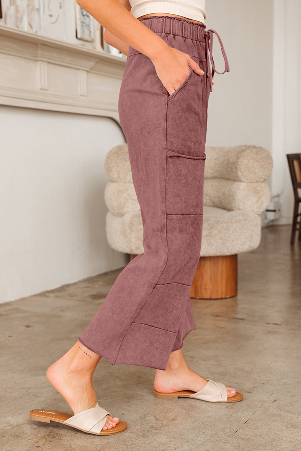 Wild Ginger  Mineral Wash Lace-up High Waist Raw Hem Patched Pocket Pants