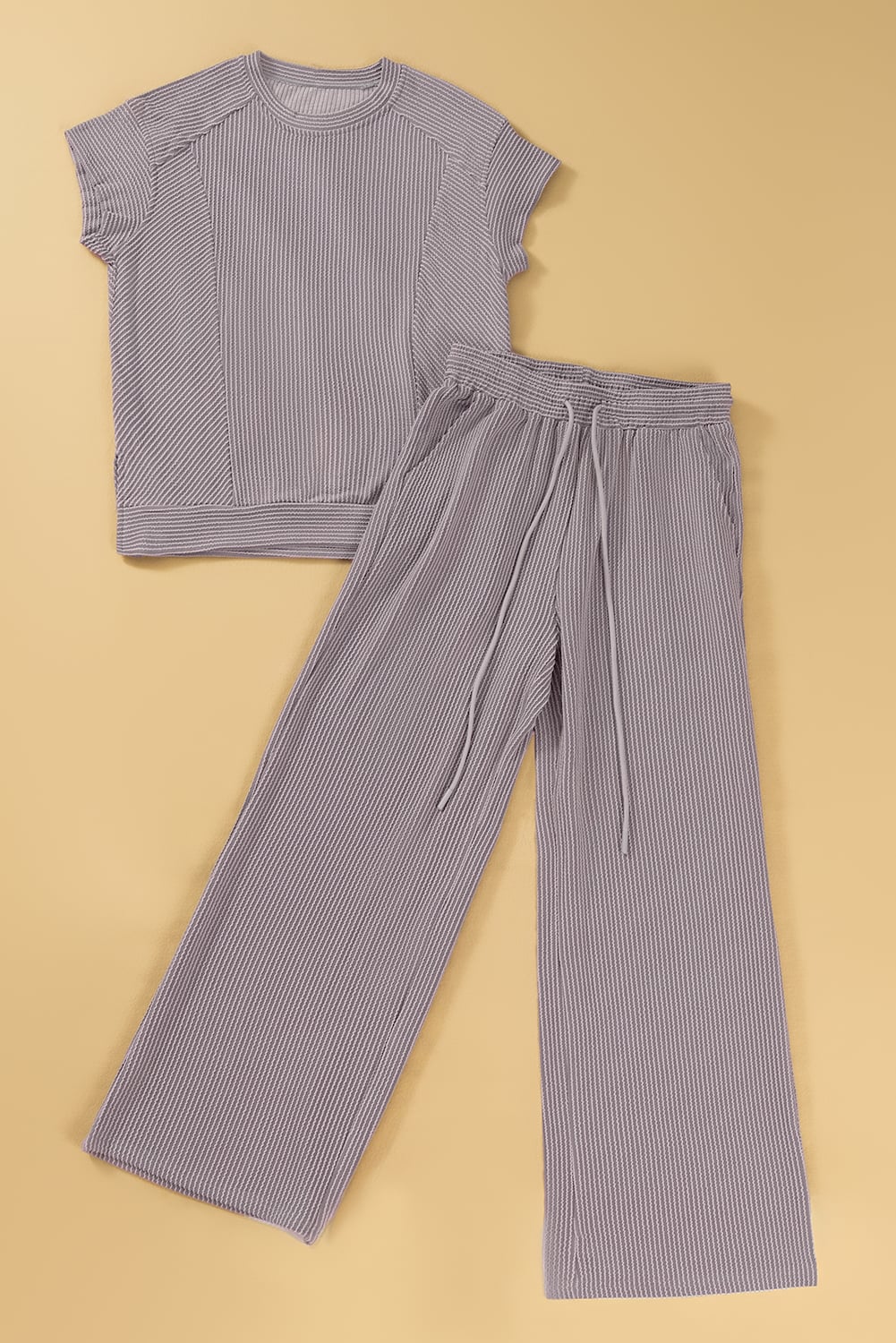 Wild Wind Solid Corded Knit Short Sleeve T Shirt and Wide Leg Pants Set