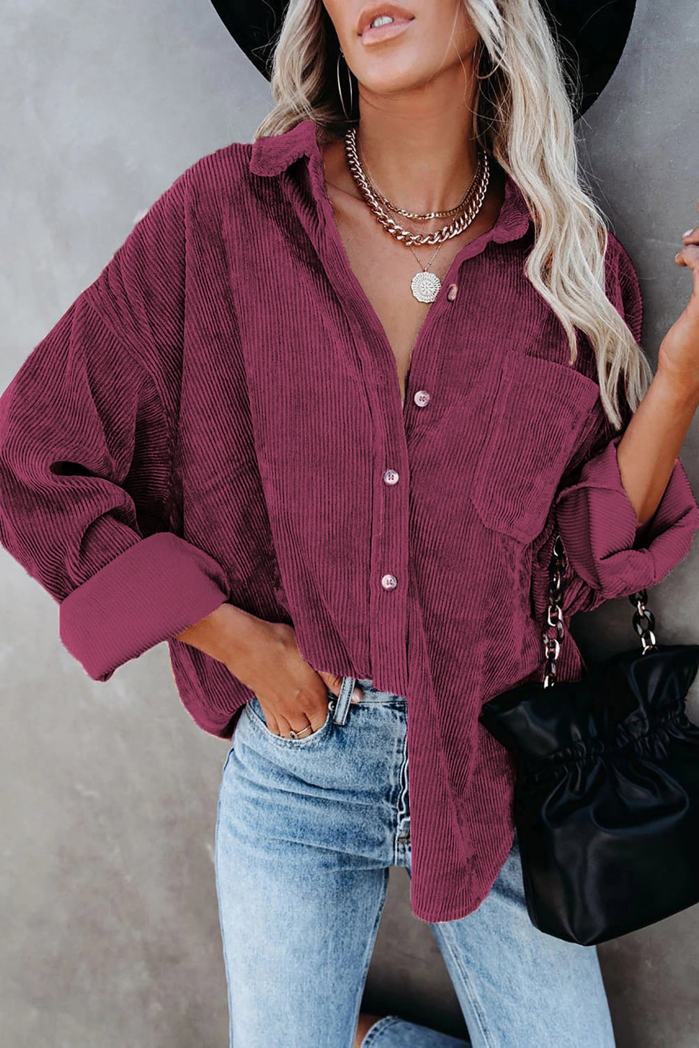 Wine Fiery Red Corduroy Button Pocket Shirt