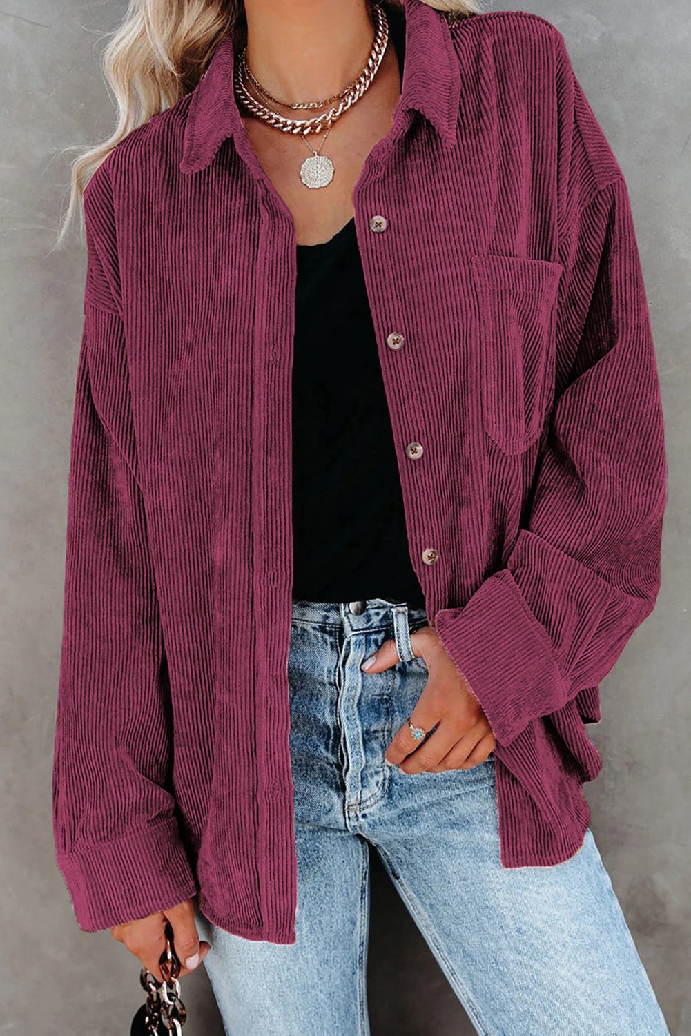 Wine Fiery Red Corduroy Button Pocket Shirt