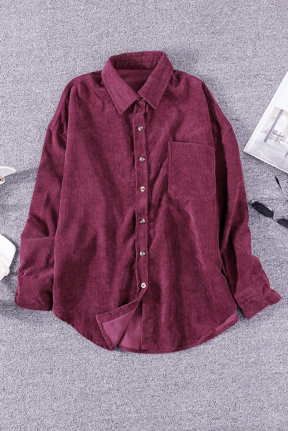 Wine Fiery Red Corduroy Button Pocket Shirt