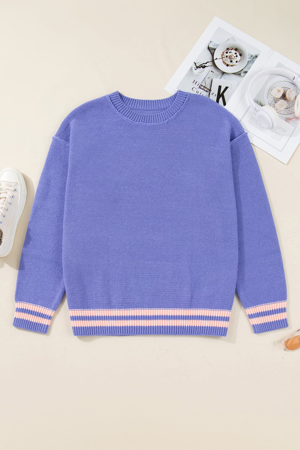 Wisteria Plus Size Striped Trim Drop Shoulder Knit Loose Sweater