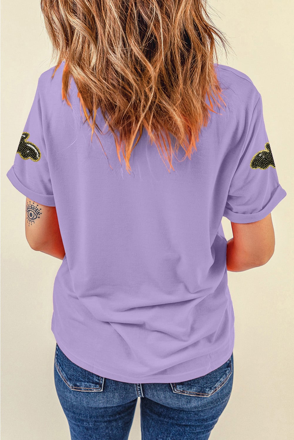 Wisteria Sequin Halloween Bat Patched Casual T Shirt