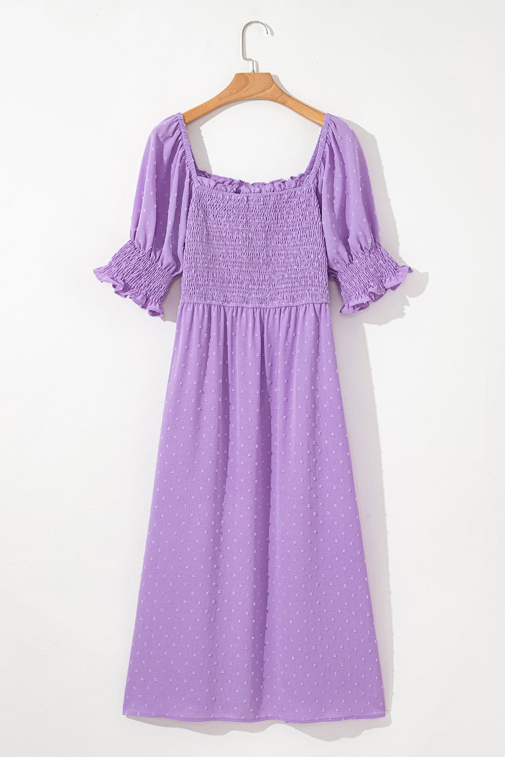 Wisteria Swiss Dot Smocked Frilled Neckline Short Sleeve Plus Size Dress