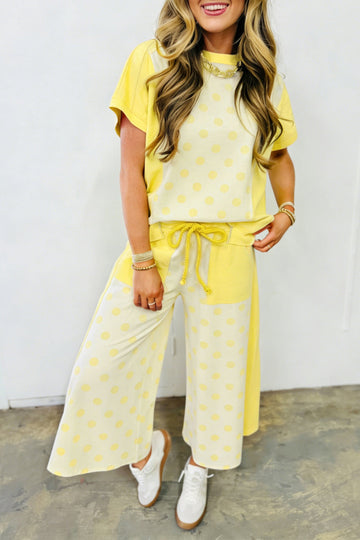 Yellow Color Block Patchwork Polka Dot Wide Leg Pant Set
