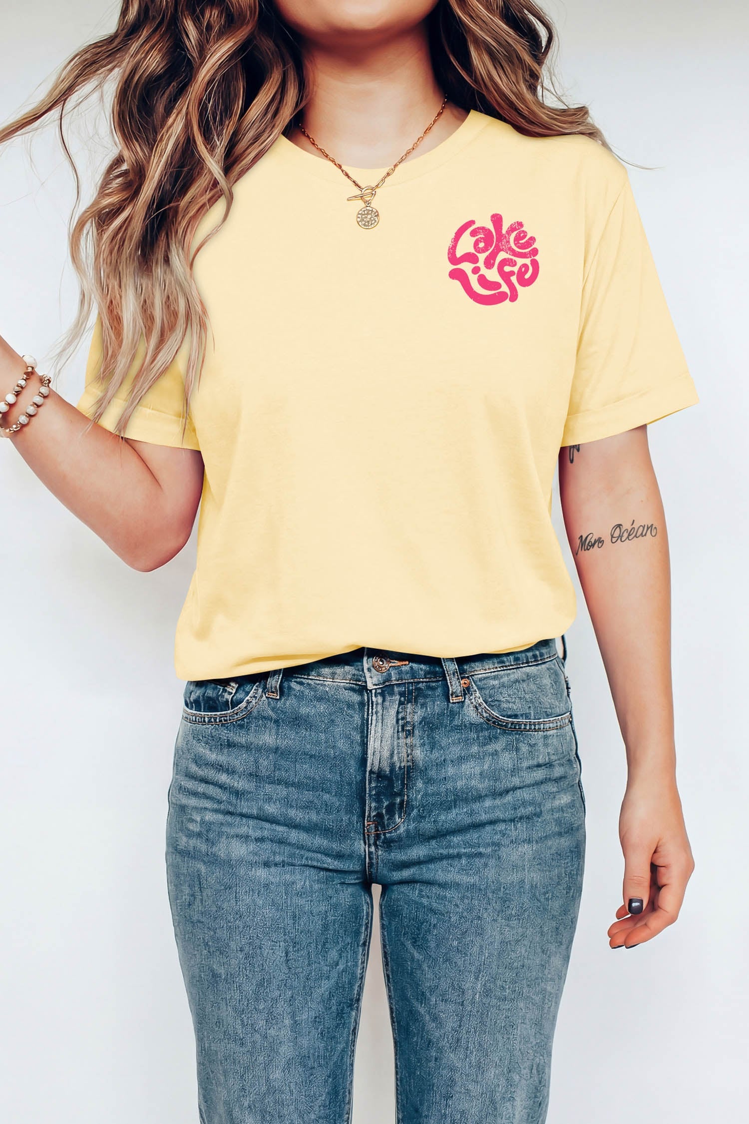 Yellow Cream Casual Round Neck Short Sleeve Slogan Print Loose Fit T-shirt