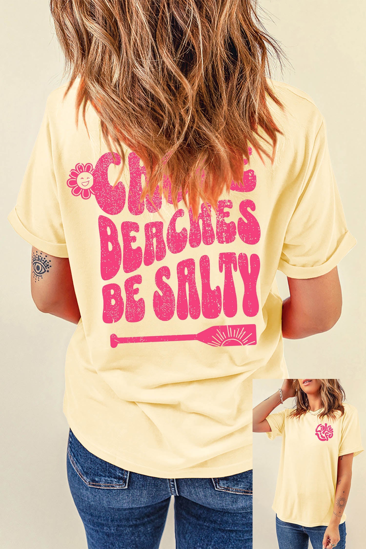 Yellow Cream Casual Round Neck Short Sleeve Slogan Print Loose Fit T-shirt
