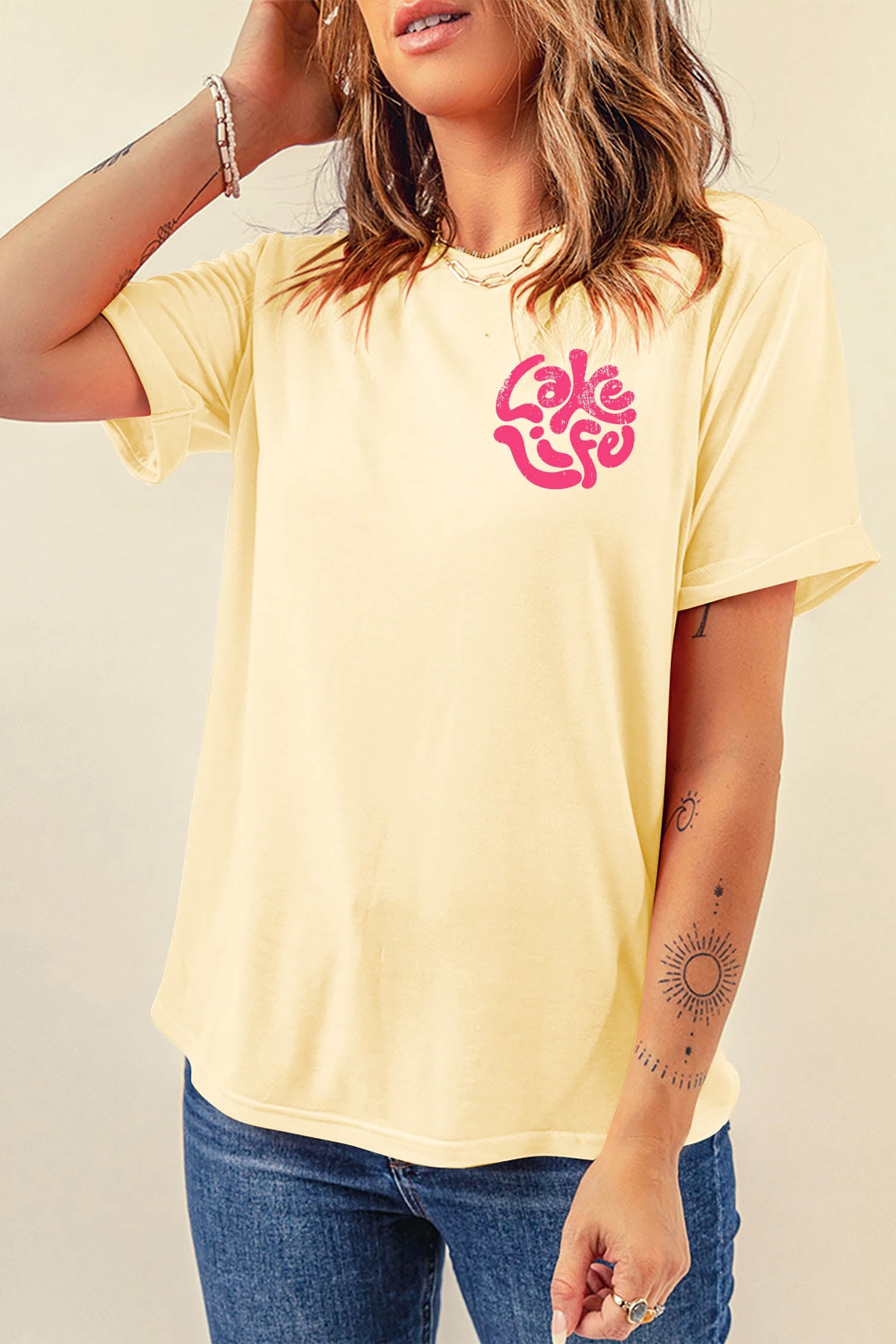 Yellow Cream Casual Round Neck Short Sleeve Slogan Print Loose Fit T-shirt