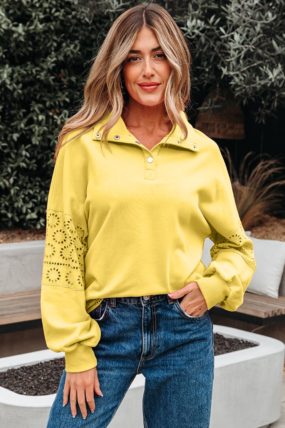 Yellow Cream Embroidered Flower Patchwork Snap Buttons Pullover Sweatshirt