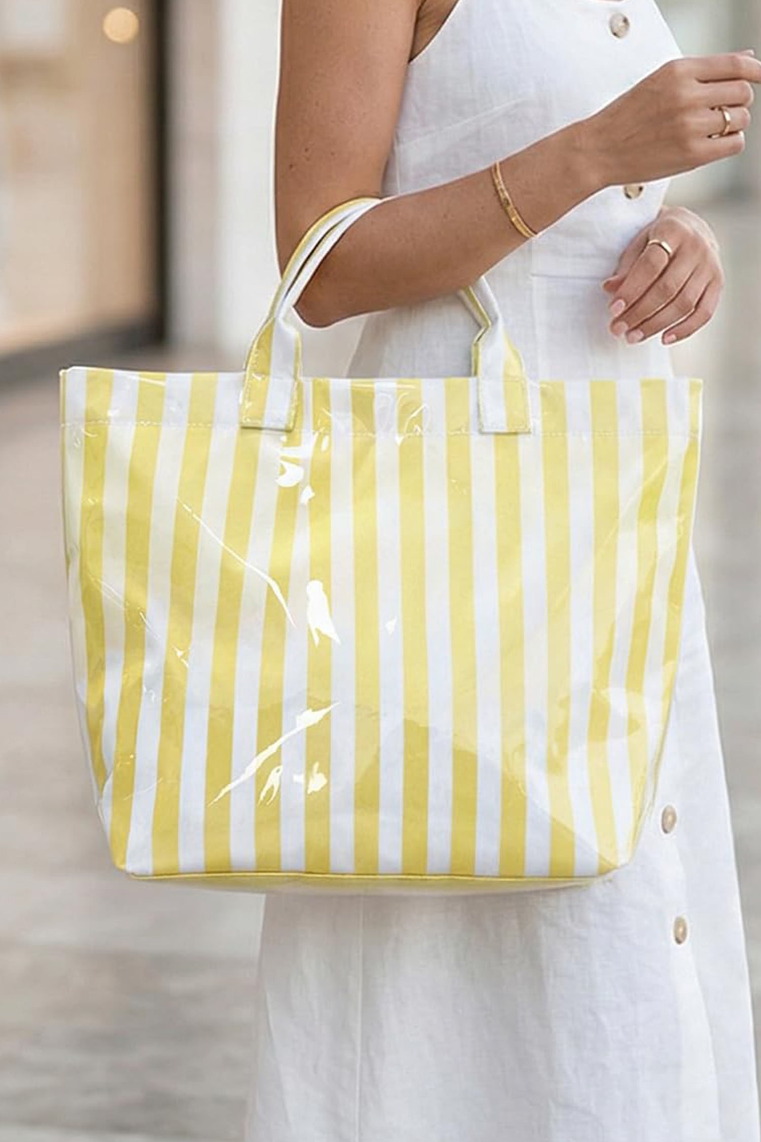 Yellow Cream Glossy Striped Vinyl Large Tote Bag (Color Varied)