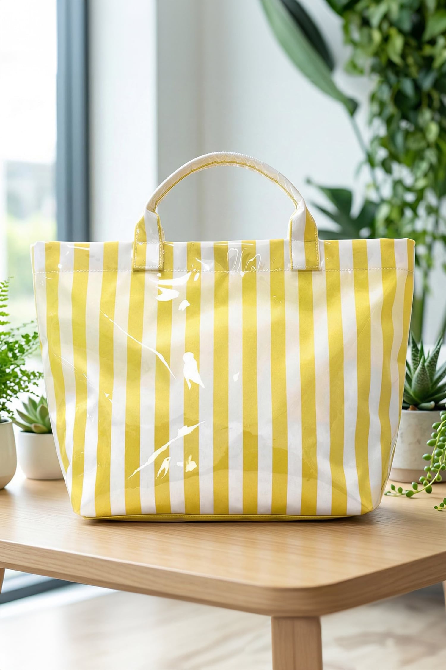 Yellow Cream Glossy Striped Vinyl Large Tote Bag (Color Varied)