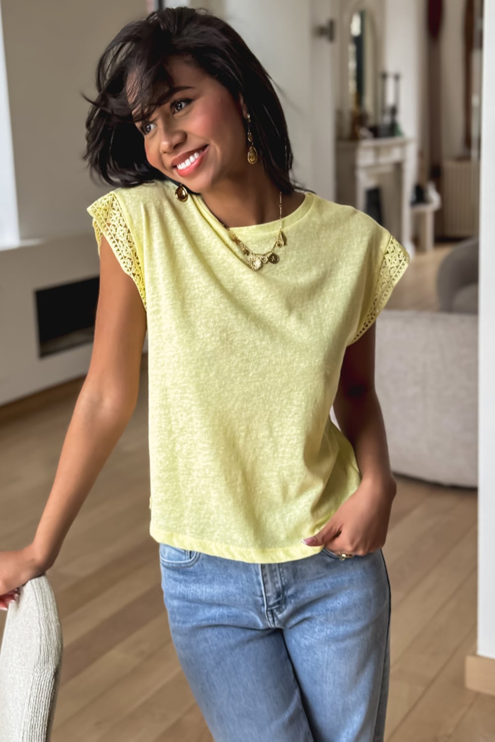 Yellow Cream Lace Patchwork Cap Sleeve Round Neck T Shirt