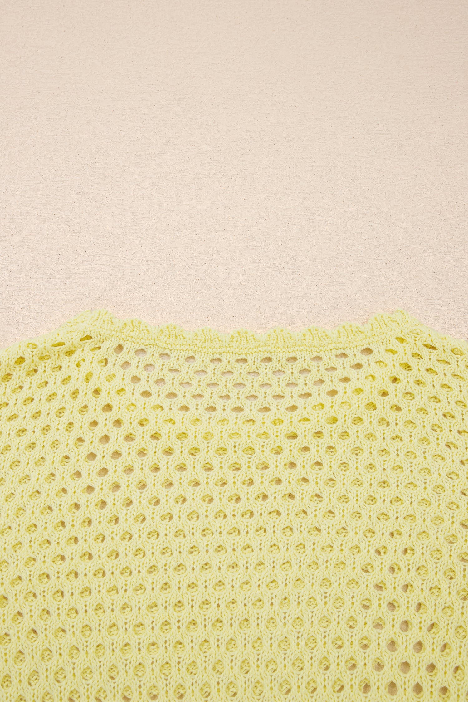Yellow Cream Scalloped Trim Hollow Out Knit Long Sleeve Top