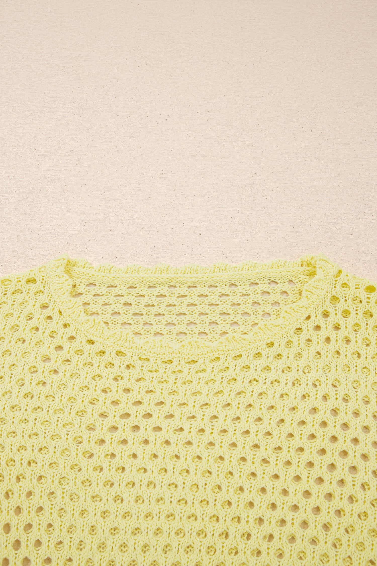Yellow Cream Scalloped Trim Hollow Out Knit Long Sleeve Top