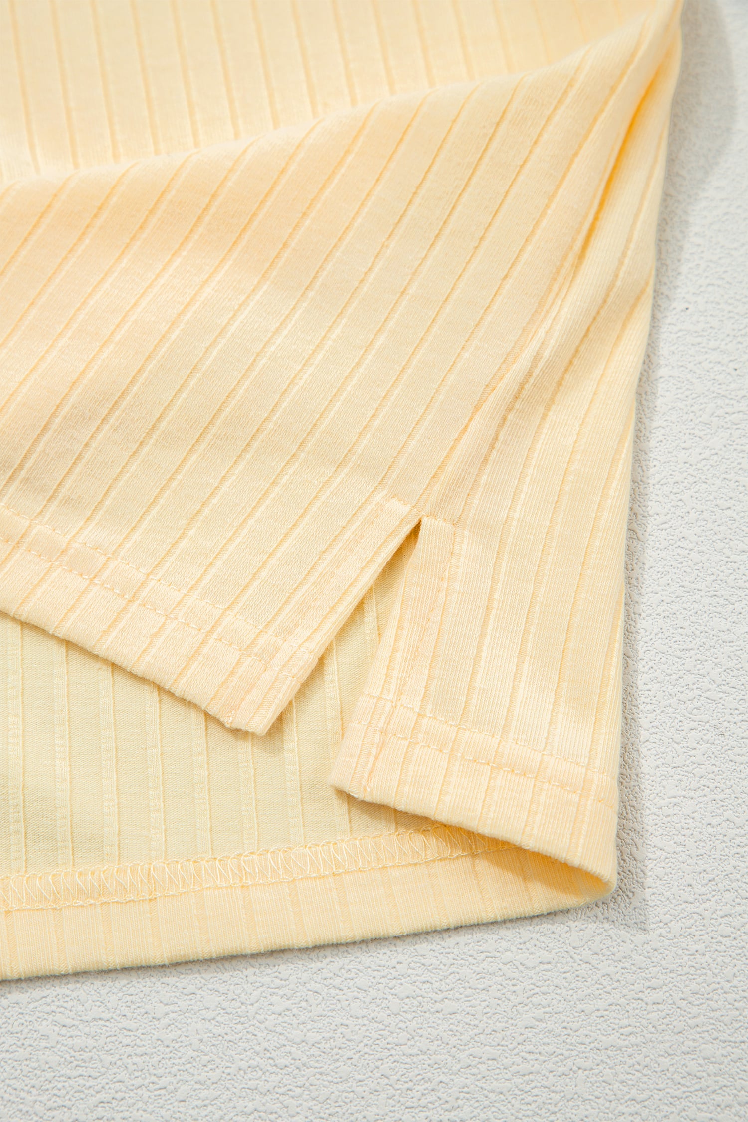 Yellow Cream Soft Ribbed Color Block Trim Casual Short Set