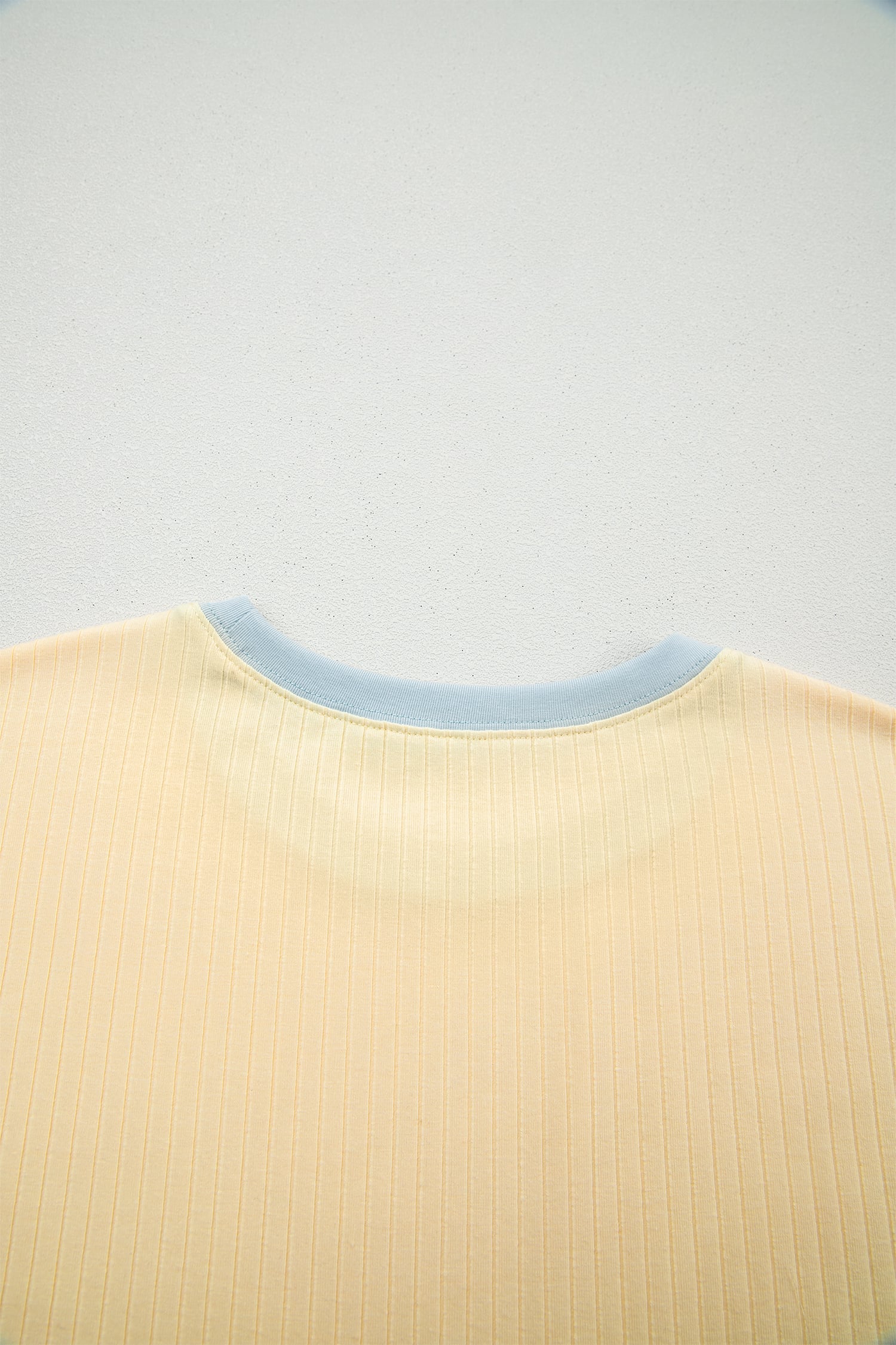 Yellow Cream Soft Ribbed Color Block Trim Casual Short Set