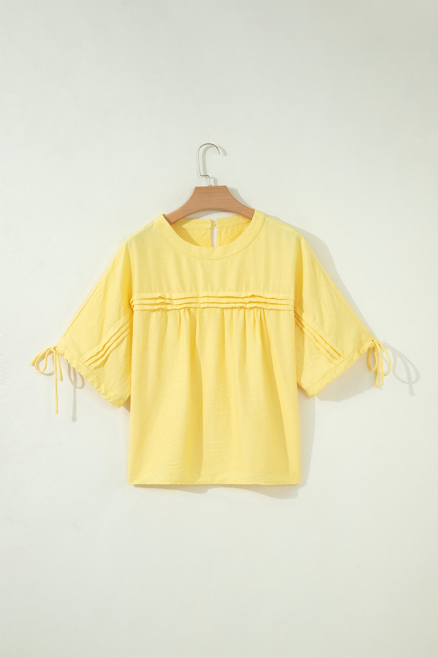 Yellow Cream Tie Half Sleeve Pleated Detail Babydoll Blouse