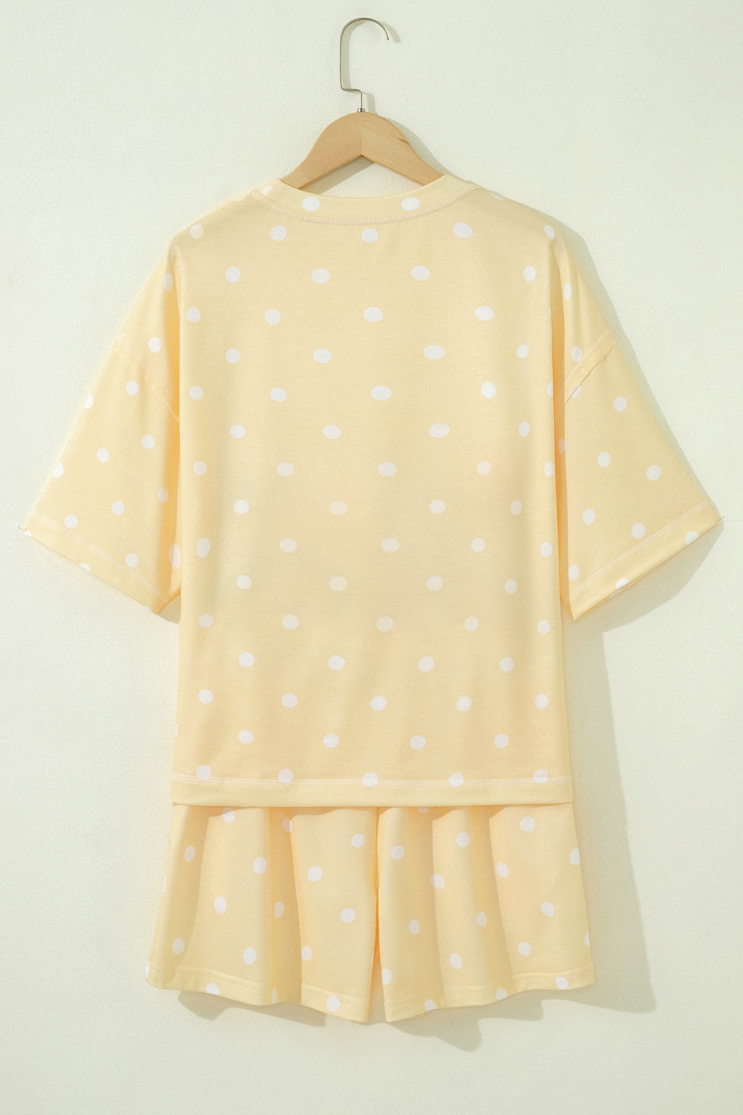 Yellow Polka Dot Short Sleeve Loose Top Drawstring Shorts Set