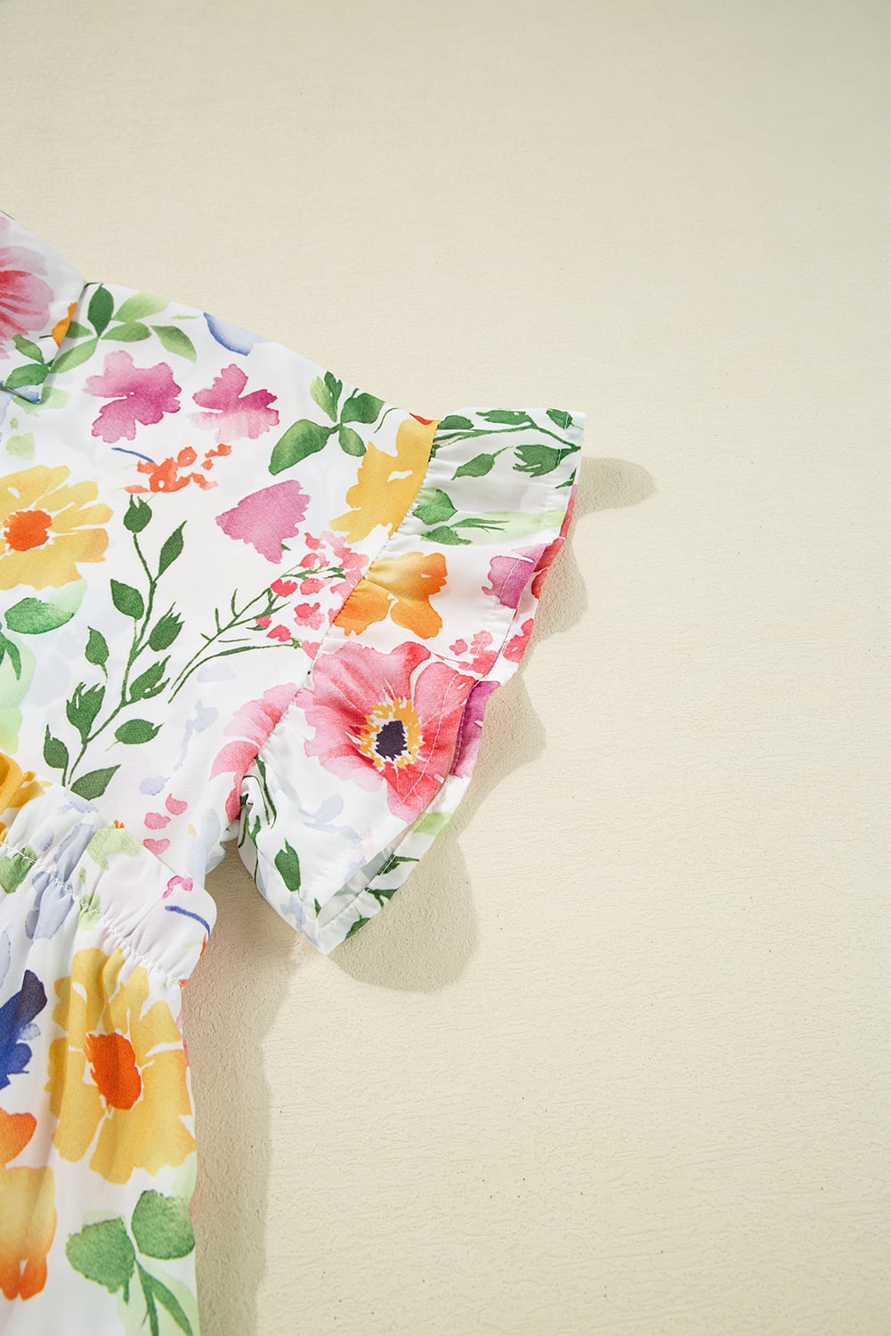 Yellow Floral Boxy Fit Ruffled Short Sleeve V Neck Blouse
