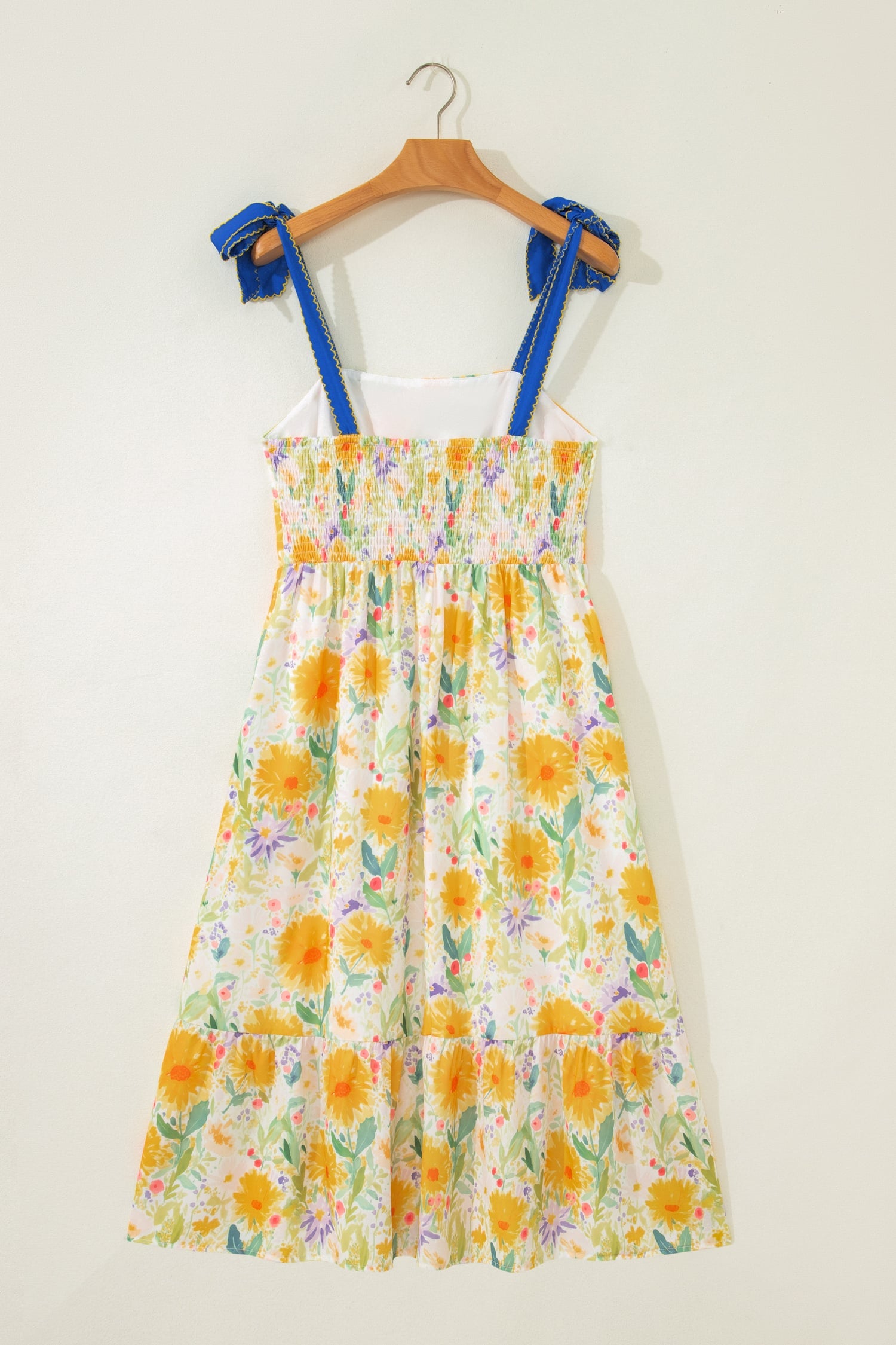Yellow Floral Print Contrast Stitched Knot Denim Straps High Waist Dress