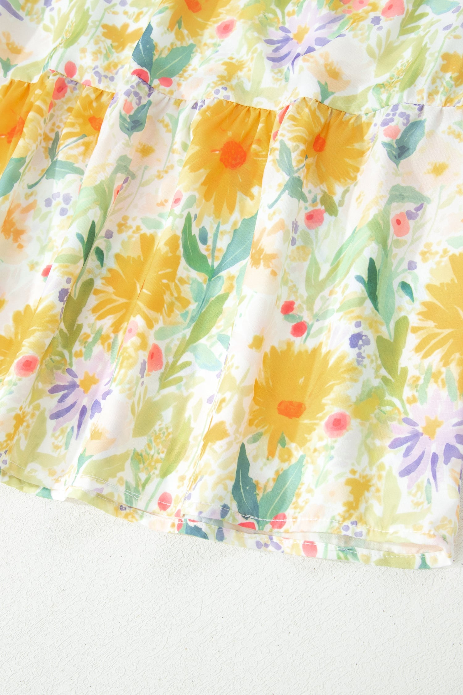 Yellow Floral Print Contrast Stitched Knot Denim Straps High Waist Dress