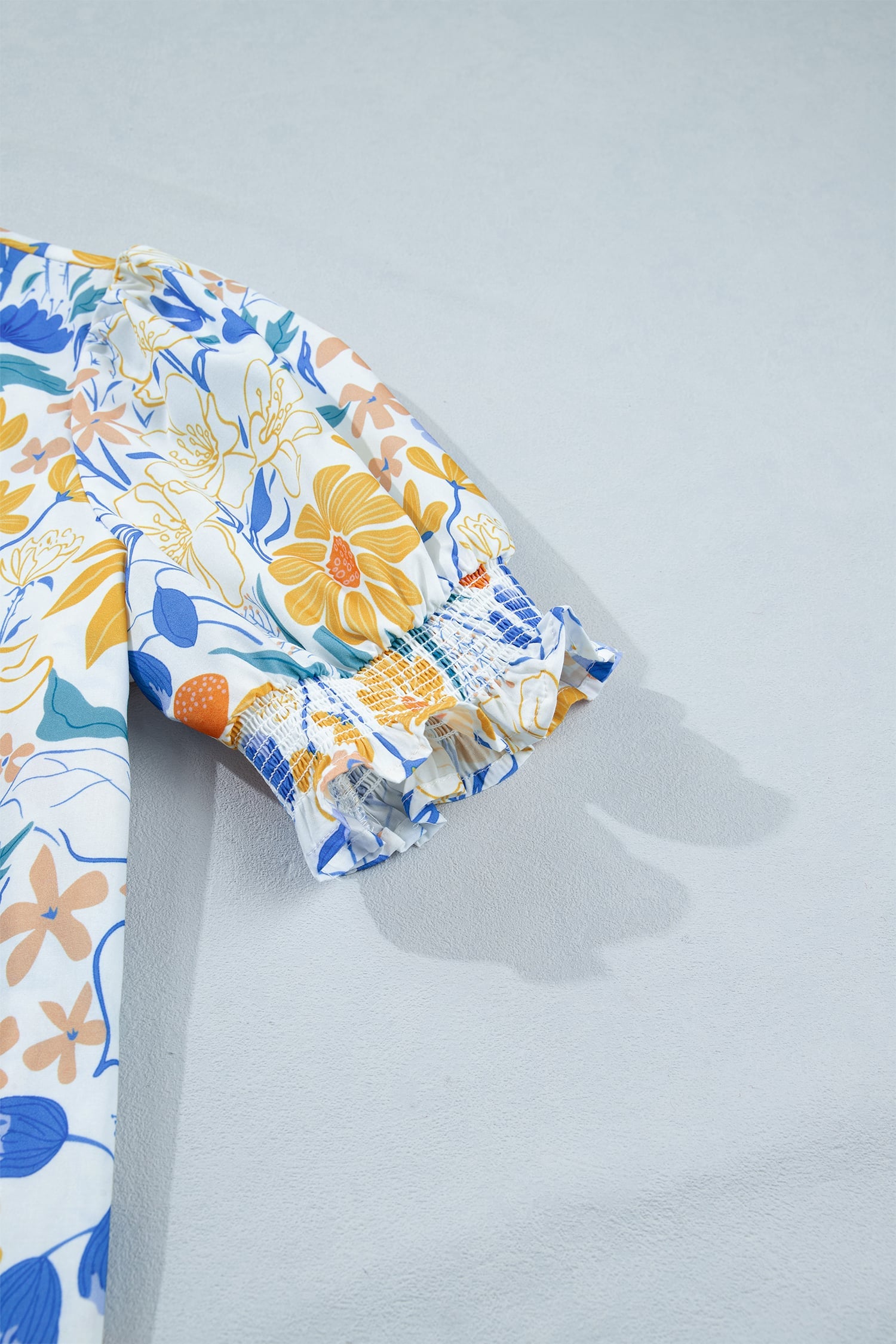 Yellow Floral Print Striped Trim V Neck Puff Sleeve Blouse