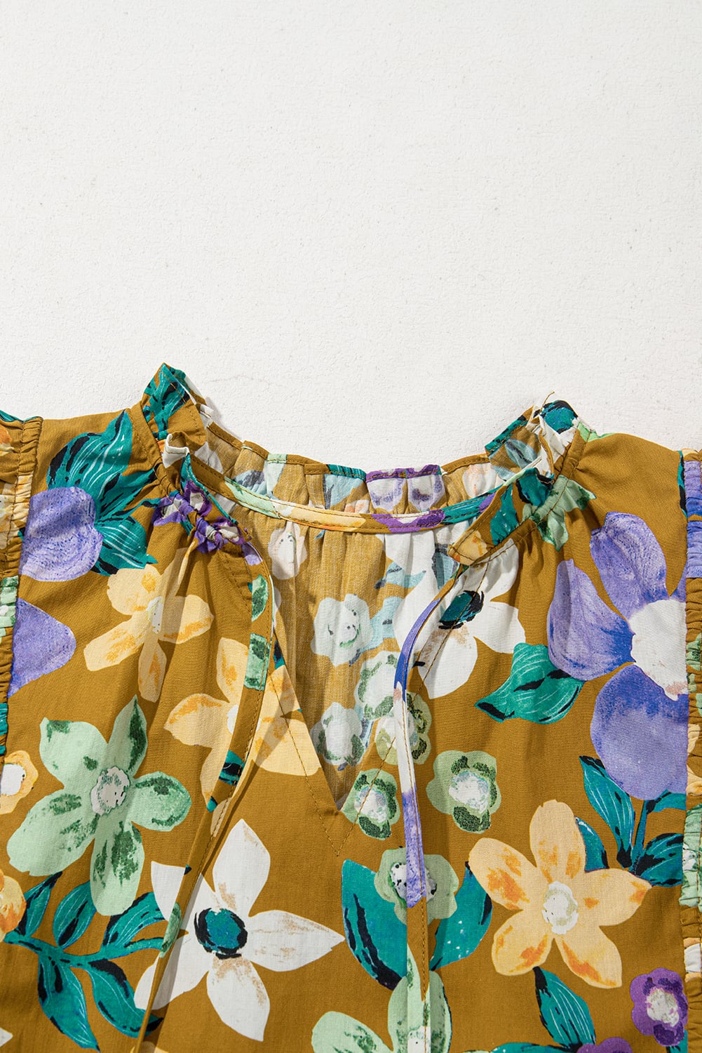 Yellow Floral Print Tiered Flutter Sleeve V Neck Top