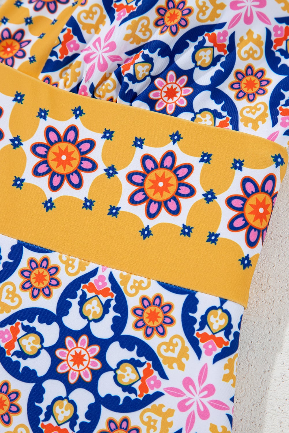 Yellow Floral Print V Neck One Piece Swimsuit