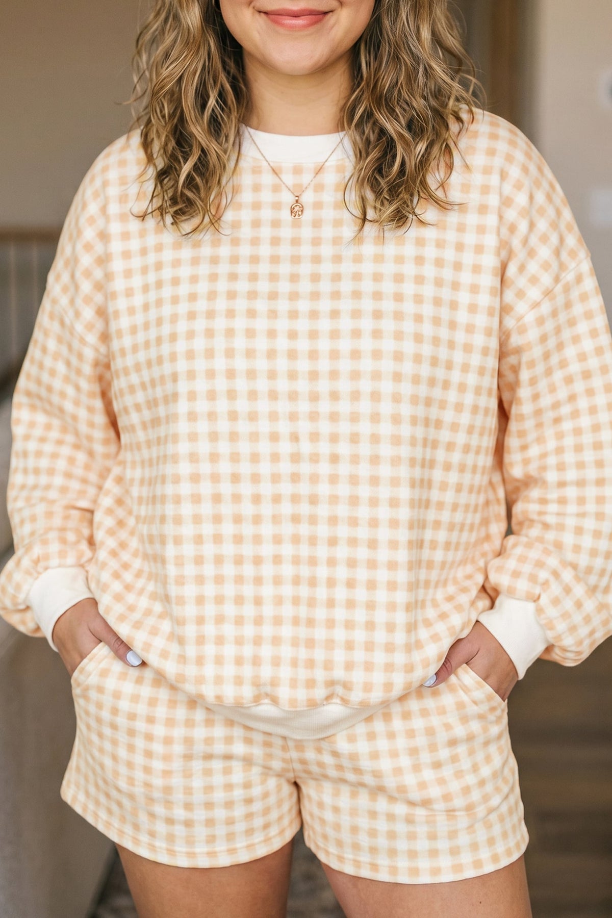 Yellow Gingham Loose Pullover Top Drawstring Shorts Plus Size Set