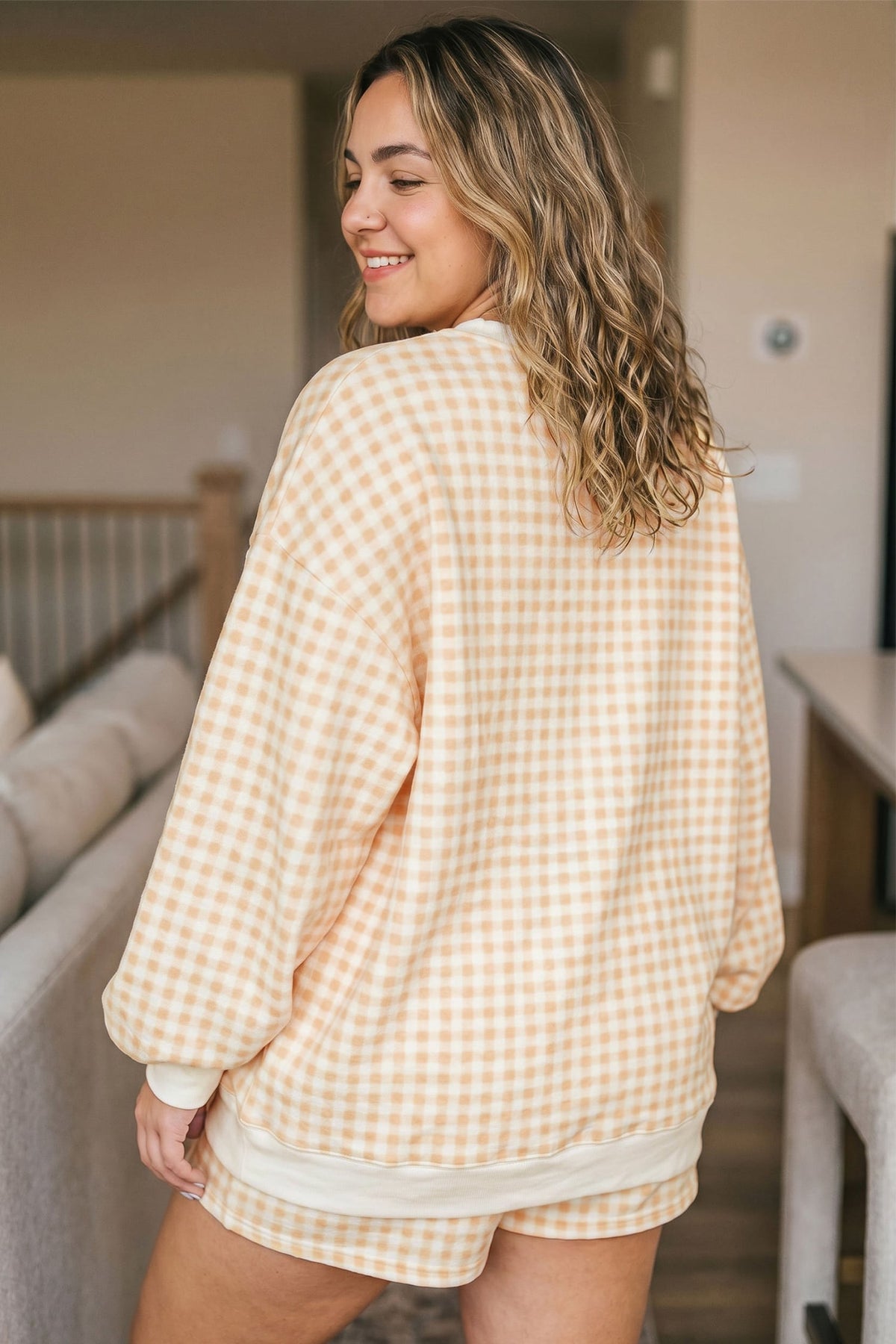 Yellow Gingham Loose Pullover Top Drawstring Shorts Plus Size Set